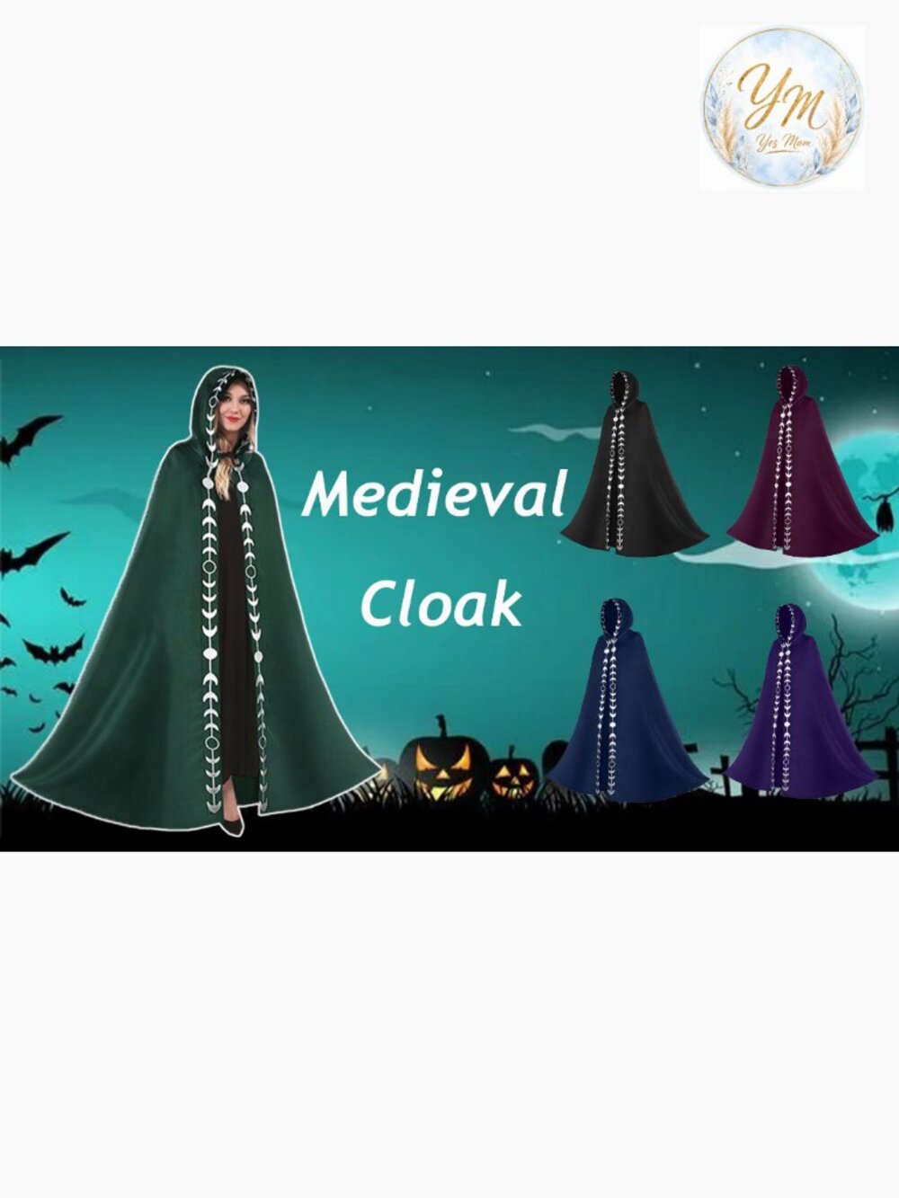 Unisex Moon Phases Hooded Cape Medieval Renaissance Long Cloak Witch Cosplay - Picture 4 of 4